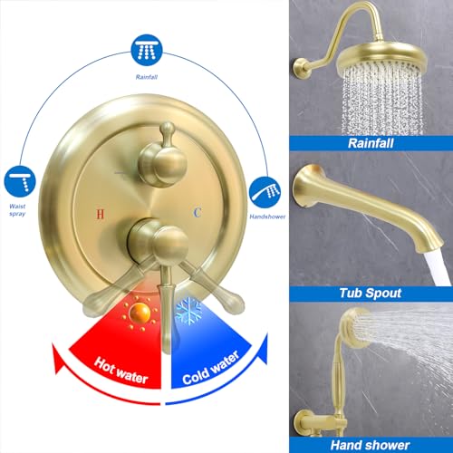 Enga Brushed Gold Antique Brass Tub Shower Faucet Fixture Shower System, 8inch Wall Mount Rain Shower with Spout and Hand Spray - color: Brushed Gold, style: 8" Head + Tub