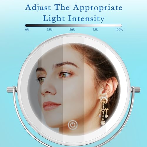 Vanity Mirror with Lights 7" Rechargeable 1x/10x Lighted Makeup Mirror Adjustable Height Double Sided Mirror with Lights 360°Rotating Makeup Mirror