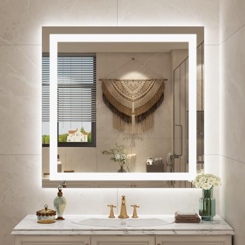 30x30 LED Lighted Bathroom Mirror for Vanity Wall | Front Light and Backlit, Anti-Fog, Memory, 3 Color, Tempered Glass, Dimmable, Rectangular, UL, Horizontal/ Vertical Mounted - color: Rectangular Led Bathroom Mirror, size: 30"L x 30"W