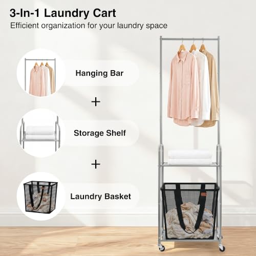 STO STO 3-in-1 Laundry Cart with Hanging Rack, Slim Space-Saving Rolling Laundry Sorter Hamper with Hanging Bar, Removable Pop-Up Mesh Laundry Basket, Storage Shelf, Lockable Wheels for Small Spaces