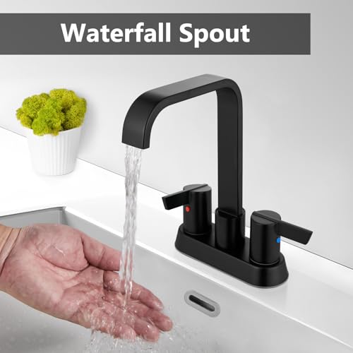 Matte Black Waterfall Bathroom Faucet 4 Inch Centerset,2-Handle | Stainless Steel 3-Hole Deck-Mount Design Includes Supply Lines and Pop-Up Drain for a Complete Vanity Installation - color: Matte Black