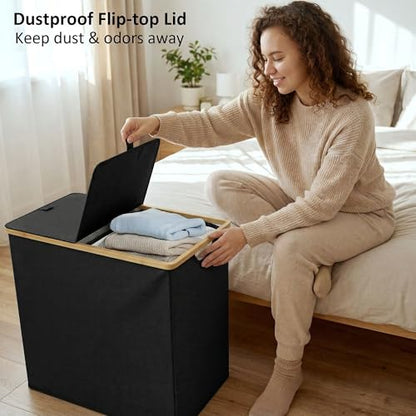 efluky Laundry Hamper with Lid, Double Laundry Basket with 2 Removable Bags, 2 Section Laundry Bin with Bamboo Handles for Bathroom, Bedroom & Laundry Room, 140L (36.9 Gallon) Black - color: Black, size: 140L Dual