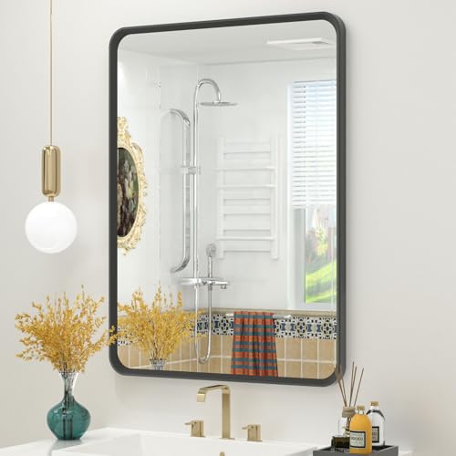 OKPAL 24x28 Black Bathroom Mirror for Wall, Black Metal Framed Bathroom Vanity Mirror, Modern Rounded Rectangle Mirror, Anti-Rust (Horizontal/Vertical) - color: Matte Black, size: 24"L x 28"W