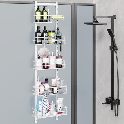 Orimade Over the Door Shower Caddy Adjustable 5 Tier Black,Bathroom Hanging Organizer Shelf Rustproof with 4 Hooks,Shower Basket with Soap Holder and Suction Cup, White - color: White-5T