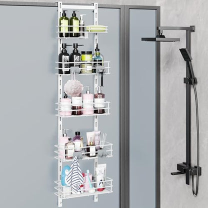 Orimade Over the Door Shower Caddy Adjustable 5 Tier Black,Bathroom Hanging Organizer Shelf Rustproof with 4 Hooks,Shower Basket with Soap Holder and Suction Cup, White - color: White-5T