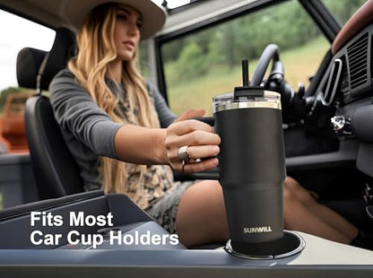 SUNWILL 20 oz Tumbler with Handle and Straw Leak Proof,Travel Coffee Mug with Lid, Stainless Steel Cup Insulated for Office & Gym, Cupholder Friendly, Powder Coated Black - color: Powder Coated Black, size: 20 Ounces