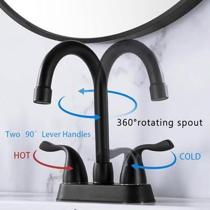 HOTIS Matte Black 4-Inch Centerset Bathroom Faucet, 2-Handle 3-Hole Sink Faucet with Pop-up Drain & Supply Lines, HT-BF201 - color: Matte Black