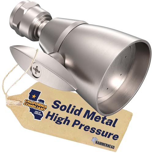 HammerHead Showers® SOLID METAL 2 Inch High Pressure Shower Heads BRUSHED NICKEL – California Compliant 1.75 GPM Low Flow Rate - High Flow Shower Head with ADJUSTABLE SPRAY PATTERN - Fixed Shower Head - color: Brushed Nickel, size: 1.75 GPM California