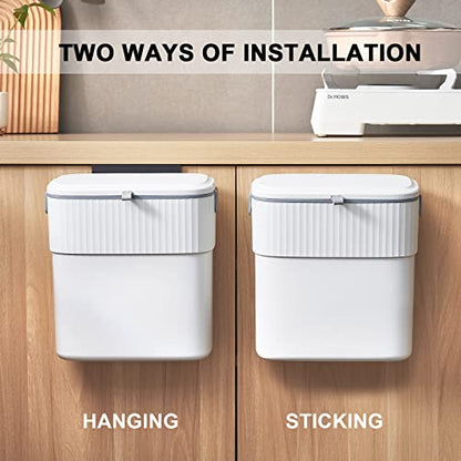 ELPHECO Hanging Trash Can with Lid, 2.5 Gallon, Kitchen Compost Bin | Wall-Mounted Garbage Can, Small Plastic Trash Bin, Under-Sink Wastebasket for Cupboard, Countertop and Cabinet Door - size: 2.5 Gallon