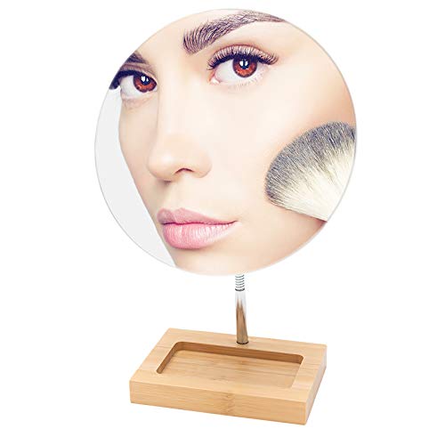 YEAKE Flexible Gooseneck Bamboo Vanity Makeup Mirror,360°Rotation 8" Large Frameless Vanity Mirror Folding Portable Table Desk Mirror with Stand Bathroom Shaving Make Up Mirrors Round - size: 11.6"L x 6.3"W