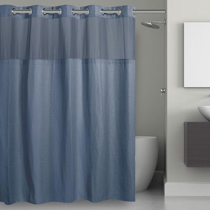 Hookless It’s A Snap! Waffle Shower Curtain, 3-in-1 Shower Curtain Includes Fabric Shower Curtain with Sheer Top Window, Flex-On Rings & Fabric Liner, 71” x 74”, Moonlight Blue - color: Moonlight Blue, size: 71"W x 74"L (Pack of 1), style: Without Magnets