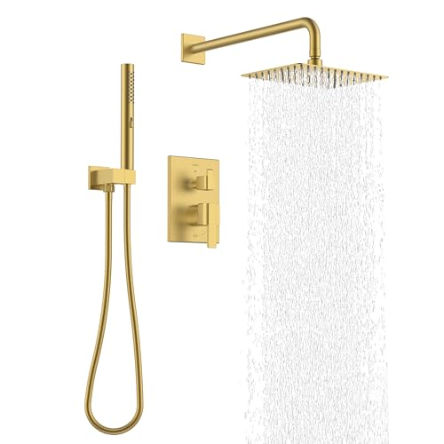KENES Brushed Gold Square Rainfall Shower System Faucet Set with Handheld | Shower Faucet with 10-Inch Rain Shower Head, Square Shower System, Valve Included, Lead-Free cUPC & NSF Certified, Stainless - color: Brushed Gold, style: Showerhead and Handheld