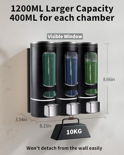 Shampoo and Conditioner Dispenser - 1200ML Wall-Mounted Shower Shampoo Dispenser 3 Chamber No Drill Body Wash Soap Dispenser for Shower, Bathroom, Hotel - size: 1200ML