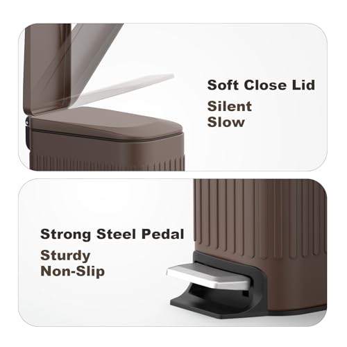 TrashAid Slim Bathroom Trash Can with Lid Soft Close & Pedal, 1.6Gal, Brown | Removable Inner Bucket, Stainless Steel Garbage Can, Small Wastebasket for Toilet/Office/Bedroom, Retro Design, Odor Control - color: Brown