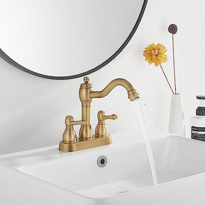 Antique Brass Bathroom Faucet 2 Handles 4 Inches Centerset RV Bathroom Vanity Faucet with Drain Assembly and Supply Hose Lavatory Faucet - color: Antique Brass, size: Centerset