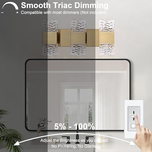 MELUCEE 3-Light Modern LED Vanity Light Bar with Crystal Column Brass 24W | LED Bathroom Vanity Light Bathroom Lights Over Mirror Crystal Wall Sconce Restroom Lighting Fixtures, 3000K Warm Lighting - color: Brass, size: 3 Lights