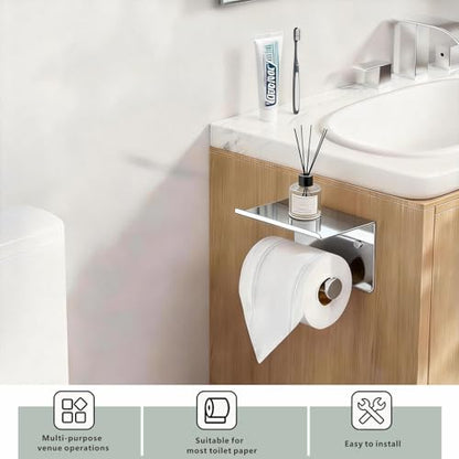 Toilet Paper Holder with Shelf, Heavy-Duty Stainless Steel Bathroom Hardware, Self-Adhesive No-Drill/Drill-Mount Wall-Mounted Roll Holder, Rust-Proof Bathroom Tissue Rack (Chrome) - color: Chrome