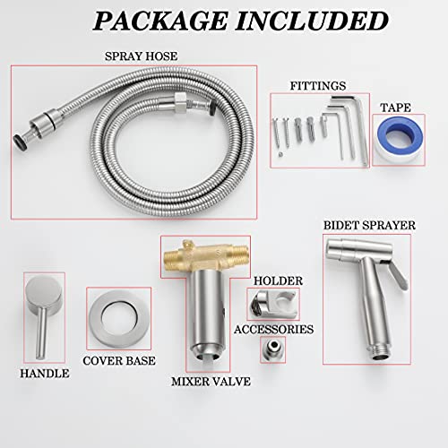 Handheld Bidet Sprayer for Toilet Warm Water Brushed Nickel | Wall Mount Stainless Steel Bidet Hand Held Sprayer with Brass Hot and Cold Mixing Valve, 47 Inches Anti-leaking Bidet Hose - color: Brushed Nickel