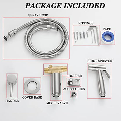 Handheld Bidet Sprayer for Toilet Warm Water Brushed Nickel | Wall Mount Stainless Steel Bidet Hand Held Sprayer with Brass Hot and Cold Mixing Valve, 47 Inches Anti-leaking Bidet Hose - color: Brushed Nickel