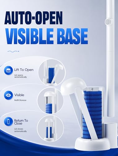 Toilet Brush Kit, Disposable Toilet Bowl Cleaner Brush with Blue Replacement Heads, Press-Button Wand and Self-Closing Freestanding Holder (Toilet Brush + 63 Refills)