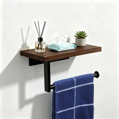 Bathroom Hand Towel Holder/Towel Ring, Premium Metal Wall Mounted Hand Towel Hanger with Wooden Shelf, Heavy Duty Kitchen Towel Holder Rustic Hand Towel Rack for Bathroom Accessories (Black)