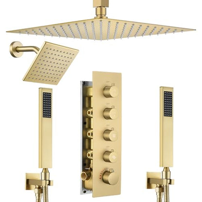 Thermostatic Dual Rianfall Shower System with 6+16-Inch Shower Heads, Ceiling Mount Full Body Rain Shower Faucet Set with Double High Pressure HandHeld Sprayer for 2-Person (Brushed Gold) - color: Brushed Gold