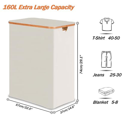 efluky Laundry Hamper with Lid, Trio Laundry Basket with 2 Removable Bags, 3 Section Laundry Bin with Bamboo Handles for Bathroom, Bedroom & Laundry Room, 160L (42.3 Gallon) Beige - color: Beige, size: 160L Trio