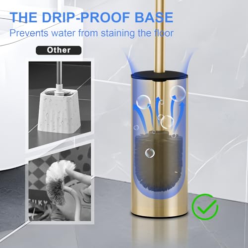 304 Stainless Steel Toilet Bowl Cleaner Brush and Holder Set | Brushed Gold Bathroom Toilet Brush, Floor-Standing Circular Base, Long Handle, Heavy-Duty with 2 Brush Heads YIGUANXIN - color: H-brushed Gold