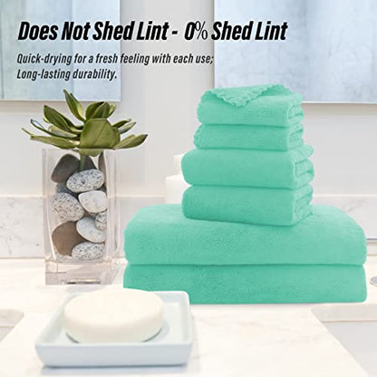 MOONQUEEN Ultra Soft Microfiber Coral Velvet Towel Set - Quick Drying, 2 Bath Towels, 2 Hand Towels, 2 Washcloths - Aqua Green, 6 Pcs - color: Aqua Green