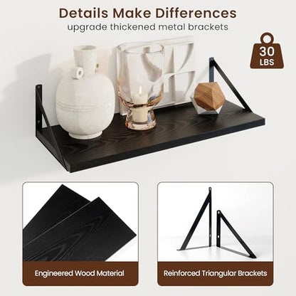 Deep Floating Shelves, 24'' x 10'' Black Wall Shelves Set of 2 | 10 Inch Deep Shelves with Heavy Duty Brackets, Rustic Wood Shelves for Bathroom Living Room, Engineered Wood, 40LBS - color: Black, size: 24W x 10D