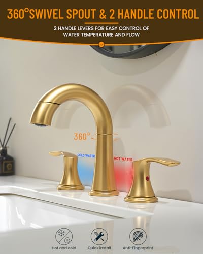 Bathroom Faucet Brushed Gold 8 Inch Certerset 3 Hole 2 Handles Faucet, BF-106B, 14 Inch Pull Down Out Sprayer Washing Pet & Cleaning, 360 Swivel Spout Widespread Coverage Vanity - color: Brushed Gold