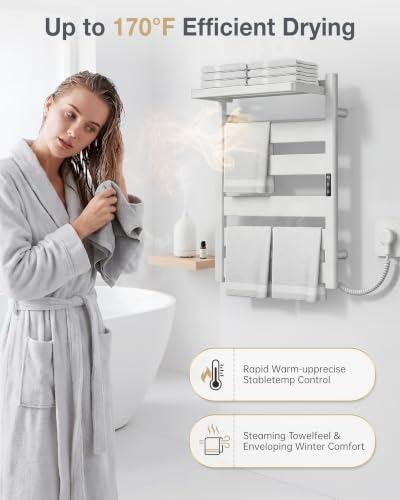 6-Bar Wall Mounted Heated Towel Rack, 170°F Heating White | Bathroom Towel Warmer with Top Shelf, Memory Function, Adjustable 110–170°F Temperature, 2–12H Timer, Space Saving Design - color: White, size: ZW 6-Bars