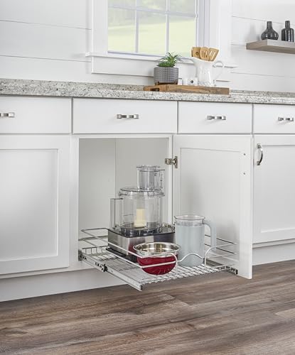 Rev-A-Shelf Steel Wire Pullout Drawer Organizer Shelf for Kitchen Cabinets, Slide Out Storage Basket, Min Opening Width of 20.5", 21" x 22", 5WB1-2122CR-1 - size: 21" W x 22"D, style: Single Tier