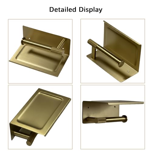 Toilet Paper Holder with Shelf, 304 Stainless Steel PVD Brushed Gold Finish | Wall Mount Toilet Tissue Roll Holder with Shelf for Bathroom Storage, Solid Brass Roll Bar with Knurled Texture Design - color: Pvd Brushed Gold Finish