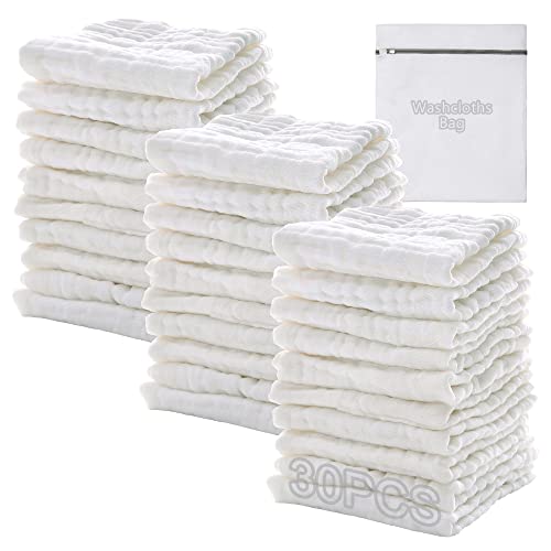 Baby Muslin Soft White Small Washcloths for Newborn Essentials Must Haves Muslin Wash Absorbent Burp Cloths Registry for Your Baby Boy Face Towel And Bath Washcloth Koo-dib 30 Pack Set + Wash Mesh Bag - color: 30-pcs (White)
