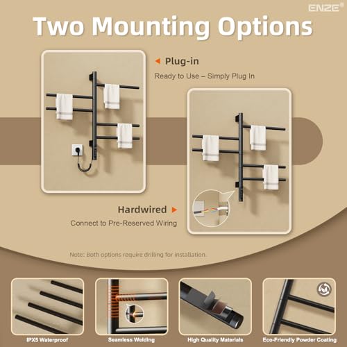 Smart Rotating Heated Towel Rack, 5-Bar, Matte Black | Wall-Mounted Electric Towel Warmer, Swivel Bars, Wi-Fi App Control, 24H Timer, Stainless Steel - color: Black 16.34"x26.77"