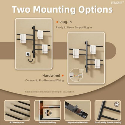 Smart Rotating Heated Towel Rack, 5-Bar, Matte Black | Wall-Mounted Electric Towel Warmer, Swivel Bars, Wi-Fi App Control, 24H Timer, Stainless Steel - color: Black 16.34"x26.77"