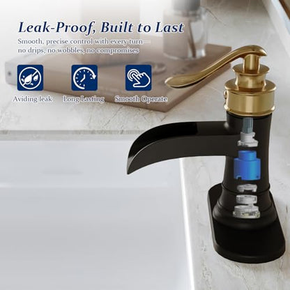 BWE Solid Bass Waterfall Bathroom Sink Faucet, Black & Gold for Farmhouse | Wide Waterfall Spout, Ceramic Cartridge, Fits 1 or 3-Hole Sink, Single Handle, Hardware Kit Included, Not for Vessel Sink - color: Black & Gold