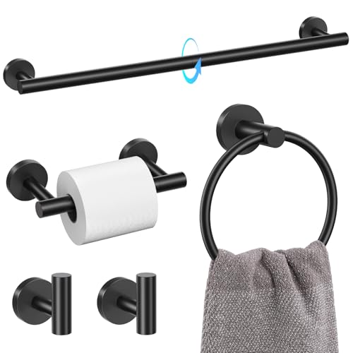 TQKAG 5 Piece Black Bathroom Accessories, 23.6" Bathroom Towel Bar Holder | 23.6" Bathroom Hardware Set, SUS304 Stainless Steel, Double Post Pivoting, Towel Hooks, Toilet Paper Holder Set Wall Mounted - color: Matte Black, size: 5-Pieces Set-B