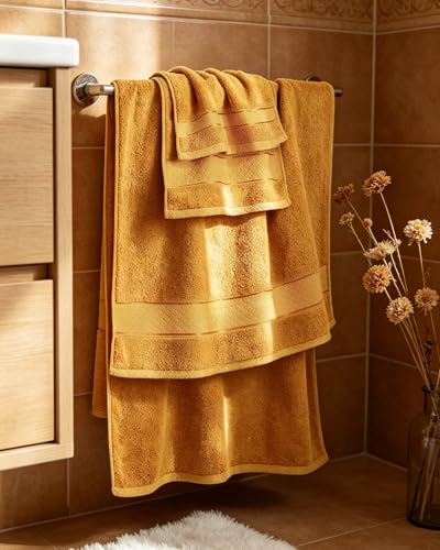 COZYART Bath Towel Set 6 PCS, Luxury Gold 100% Turkish Cotton 650GSM Soft | Absorbent Quick Dry, OEKO‑Tex 100 Cert. Zero Twist Ring Spun Cotton, Plush Fluffy, Breathable Hotel Quality Bathroom Towels - color: Mustard Gold