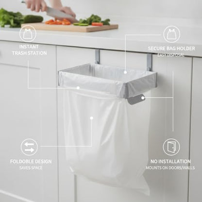 Foldable Wall-Mounted Trash Bag Holder for Cabinet Doors, Space-Saving PP Plastic Garbage Bin Rack for Kitchen & Bathroom Waste Disposal, Gray