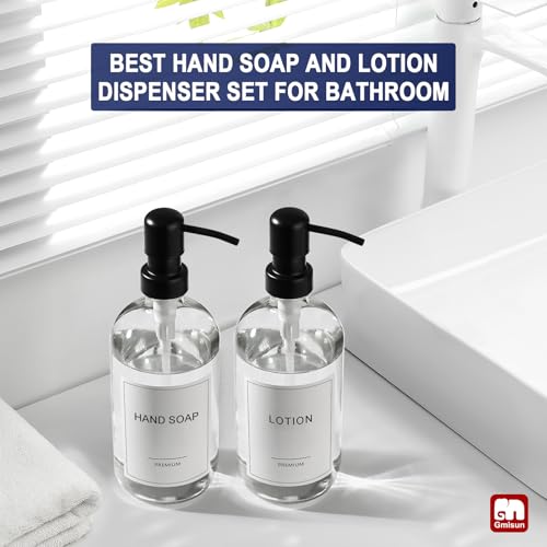 GMISUN Glass Soap Dispenser with Pump, 2 Pack Clear Bathroom Hand Soap Dispenser with Stainless Steel Pump, 17 Fl Oz Refillable Kitchen Hand and Dish Soap Dispensers Set, Modern Liquid Pump Bottles - color: Clear Bottle + Black Pump, size: 2 Pack