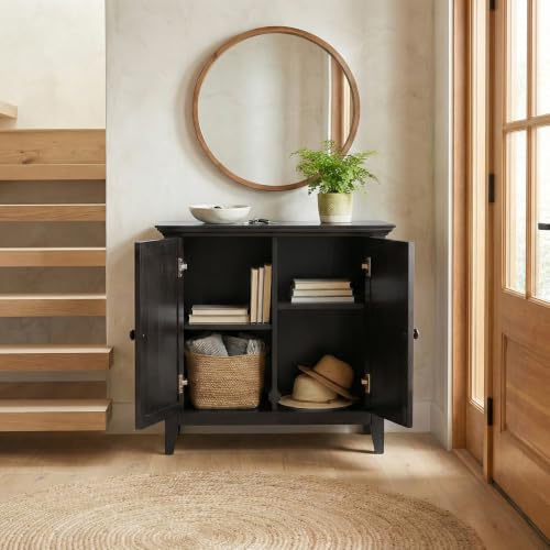 SIMPLIHOME Amherst 32" Wide Solid Wood Cabinet in Hickory Brown | Transitional-style low storage cabinet with adjustable shelves for organized living room, entryway or dining area storage.