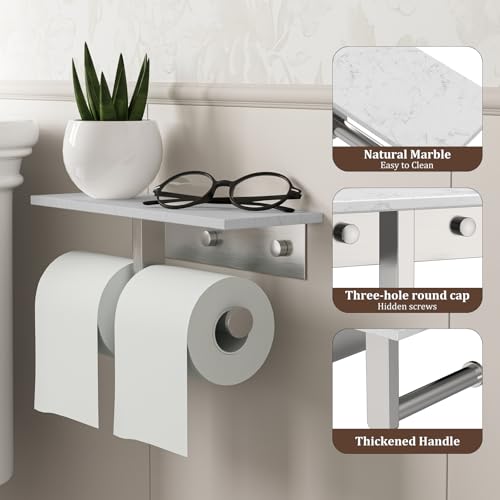 BWE Double Toilet Paper Holder with Shelf Wall Mounted Tissue Roll Holder | Commercial Toilet Paper Dispenser for Bathroom Marble Toilet Paper Storage Holder with Phone Shelf (Brushed Nickel) - color: Double Brushed Nickel