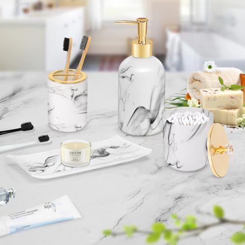 Haturi Bathroom Accessories Set, 4 Pcs Marble Look Sets Soap Dispenser & Toothbrush Holder Counter Top Restroom Apartment Decor Stuff, Glass Kits, Gift for Women and Men, Ink White | Kit w/ Bathroom Soap Dispenser Set, Toothbrush Holder, Qtip Holder, Soap