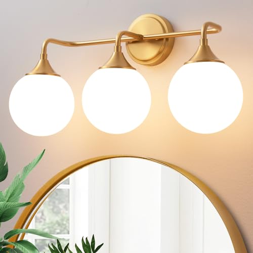 Brushed Gold Bathroom Light Fixtures Over Mirror Vanity 3-Light | Mid Century Modern Brushed Gold Wall Sconce with Milky White Glass Ball Shades for for Bathroom Dressing Table Bedroom - color: Gold, size: 3-light