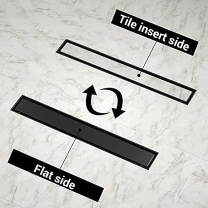 EXF Linear Shower Drain 12 Inch Matte Black with Tileable Cover | 304 Stainless Steel, V-Slope Design, Debris Strainer, Seamless, Adjustable Height - color: Matte Black, size: 12 IN