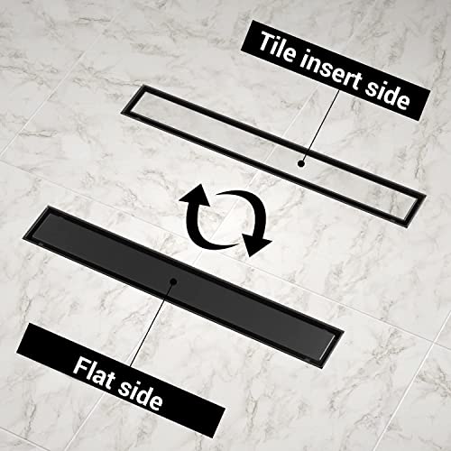 EXF Linear Shower Drain 18 Inch Matte Black with Reversible Flat & Tile Insert Cover, Stainless Steel Rectangle Shower Floor Drain with Hair Catcher, Adjustable Feet - color: Matte Black, size: 18 IN