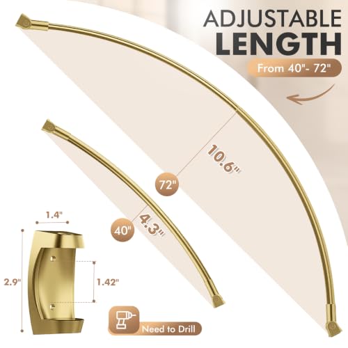 Curved Shower Curtain Rod for Bathroom, 40-72 Inches Adjustable Shower Rod | Rustproof Shower Curtain Rod with Rotating Brackets for Extra 30% Large Shower Space, 0.9MM thickness, Need to Drill, Gold - color: Gold