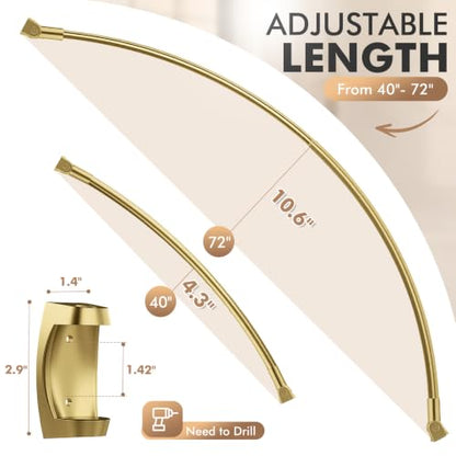 Curved Shower Curtain Rod for Bathroom, 40-72 Inches Adjustable Shower Rod | Rustproof Shower Curtain Rod with Rotating Brackets for Extra 30% Large Shower Space, 0.9MM thickness, Need to Drill, Gold - color: Gold